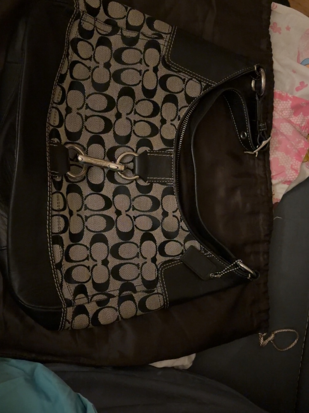 Coach Black and Khaki Signature Canvas Shoulder Bag